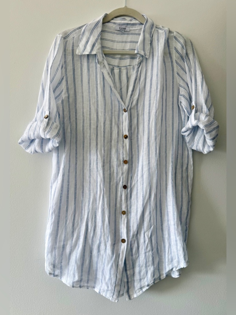 Rosemarie Light Blue and White Striped Button-Front Tunic, Blouse, Cover-Up Top